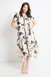 Womens Floral Tie Neck Midi Dress - White - Size 16 Uk