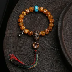 Tibetan-Style Recycled Yak Bone Carved Bead Bracelet Single-Strand Prayer Beads Copper Clasp Turquoise Accessory Bracelet