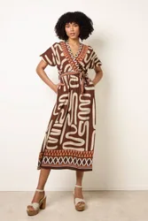 Women's Elasticated Waist Brown Short Sleeve V-neck Maxi Dress Size: Small/Medium - Brown - Size: S/M
