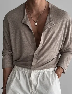 New Men's Cotton Henley T Shirt Long Sleeve T-Shirts Basic Casual Button Collar Breathable Daily Top Tees - Aliexpress - FashionsVida