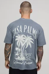 Herren Gewaschenes Übergroßes Casa Palms Druck Oberteil Washed Grey Größe 4XL