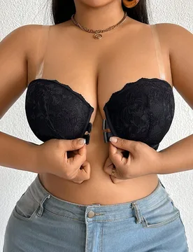 Sujetador sin tirantes de encaje de talla grande con cierre delantero, lencería romántica 110C - Shein - FashionsVida