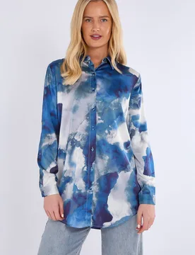 Women's Tie Dye Print Satin Shirt in Blue Size: 8 - Blue - Size: 8 - LOVE SUNSHINE - FashionsVida