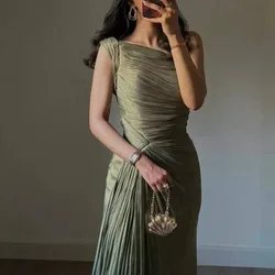 New Women's Elegant Green Ruched Maxi Dress Asymmetrical Neck Sleeveless Pleated Formal Party Dress for Wedding Guest