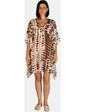 Caftán corto de playa con estampado animal y ribete de crochet en el escote - Kbas - FashionsVida