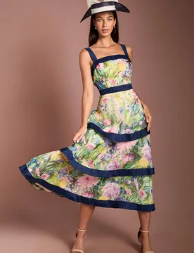 Women's Lisa Tan Printed Tiered Organza Midi Dress in Blue Size: 10 - Blue - Size: 10 - Coast - FashionsVida