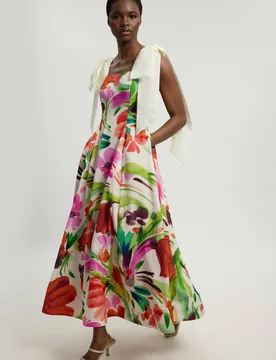 Women's Petite Viscose Linen Floral Print Woven Prom Dress in Pink Size: 6 - Pink - Size: 6 - Karen millen - FashionsVida