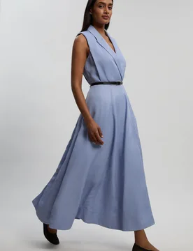 Womens Premium Viscose Linen Tailored Belted Full Skirted Midi Dress - Pale Blue - Size 16 Uk - Karen millen - FashionsVida