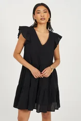 Women's Frill Sleeve V-Neck Tiered Mini Dress in Black Size: Small - Black - Size: S