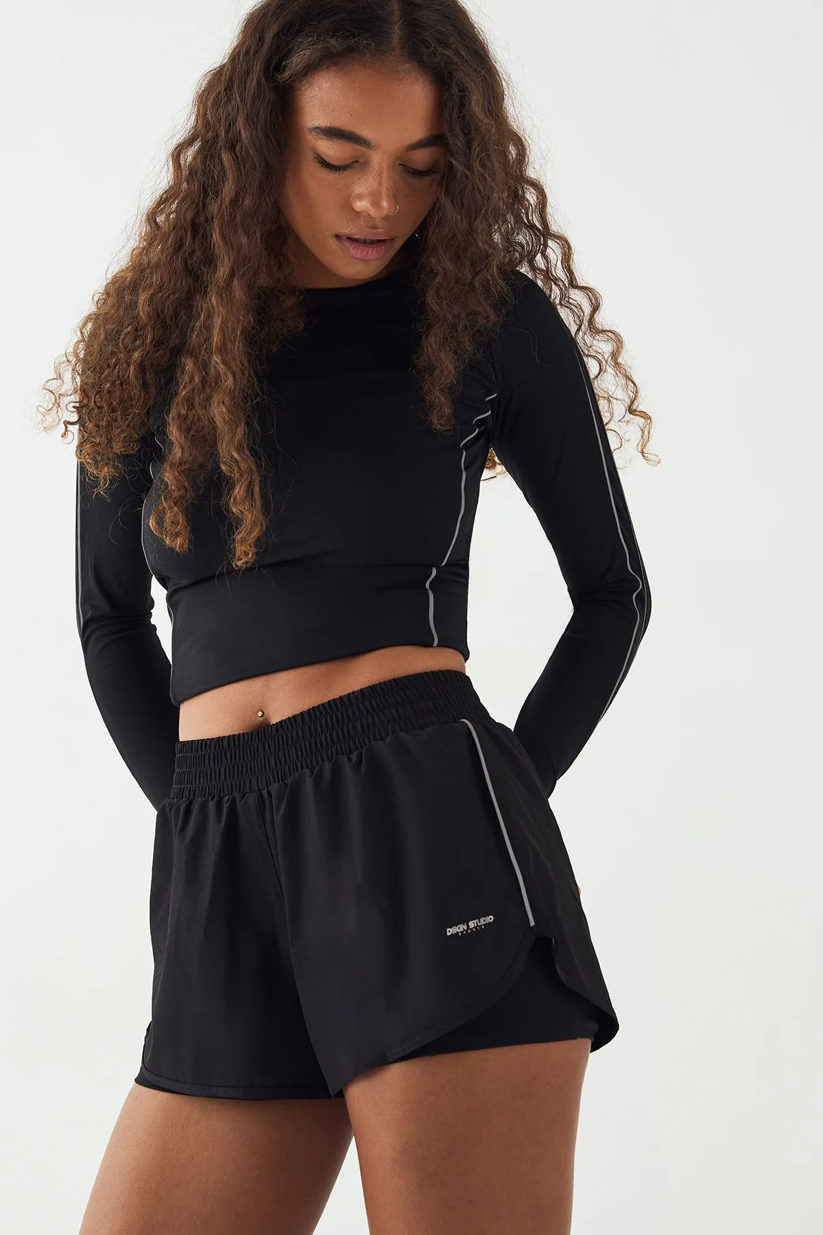Womens Reflective Binding 2 In 1 Running Shorts - Black Polyamide - Size X-Large - DSGN Studio - FashionsVida