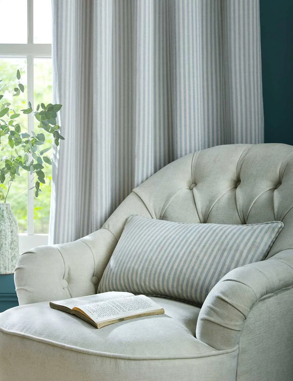 Cornish Chenille Striped Eyelet Curtains Light Blue Mix - Laura Ashley - FashionsVida