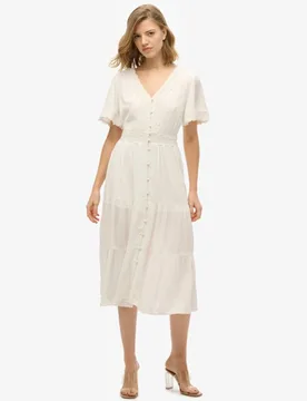 Superdry Damen Kurzärmeliges Ibiza Midikleid White - Größe: 36 - 99.99 - FashionsVida