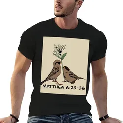 Matthew 6:25-26 Two Sparrows with Lily (color) T-Shirt Work Basic Short Sleeve Top