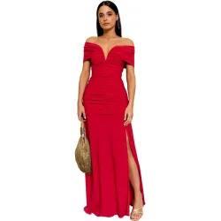 Vestido largo drapeado con escote bardot