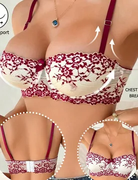 Lencería sexy para mujer, sujetador con aros cómodamente versátil y ligeramente acolchado con diseño de encaje francés rojo sexy en la espalda, a - Shein - FashionsVida