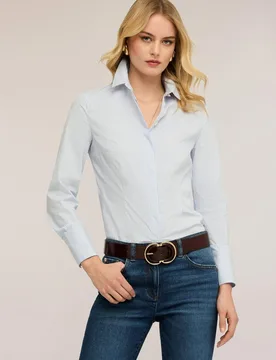 Camisa de mujer de popelina a rayas cuello de vela clásico con botonadura inglesa - Motivi - FashionsVida