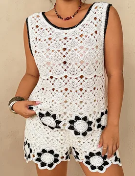 Conjunto de 2 piezas de top de punto y shorts para mujer talla grande, negro y blanco, estilo boho celestial, floral patchwork, casual para otoño, pl - Shein - FashionsVida