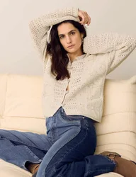 Cotton Blend Crochet Look Collared Cardigan Ecru female