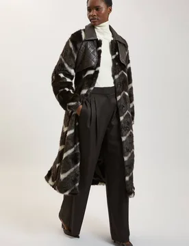 Women's Petite Panelled Stripe Faux Fur Pu Stitch Detail Belted Midi Coat in Mono Size: 14 - Mono - Size: 14 - Karen millen - FashionsVida