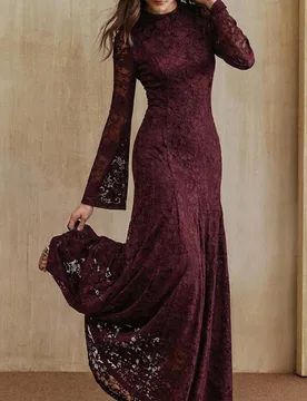 Vestido largo de mujer para otoño/invierno, vestido elegante de manga larga con encaje, cuello redondo y ajuste ceñido, adecuado para Año Nuevo, Na - Shein - FashionsVida