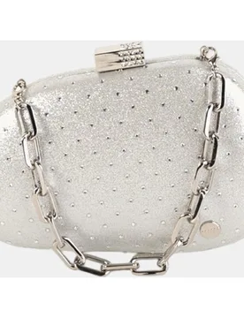 Clutch rígido satinado con detalles strass, cierre joya y cadena de eslabones - Volum - FashionsVida
