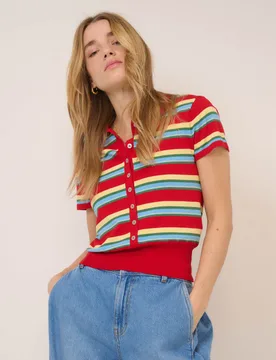 Striped Collared Button Through Knitted Top Multi female - Nobody's Child - FashionsVida