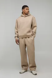 Mens Oversized Boxy Bonded Scuba Hooded Tracksuit - Taupe - Size X-Small