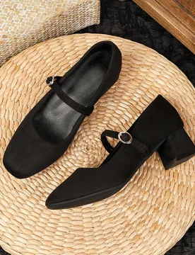 Zapatos Mary Jane de tacón alto grueso con punta cuadrada de ante vintage 2026, zapatos de mujer con correa única para ir al trabajo, versátiles pa - Shein - FashionsVida