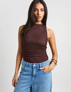 Womens Mesh Cross Back Detail Bodysuit - Brown - Size 8 Uk - Boohoo - FashionsVida