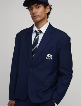 Herren Besticktes Übergroßes Sakko Navy Größe 42 - boohooMAN - FashionsVida
