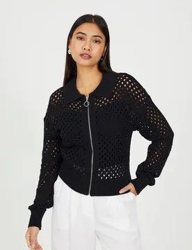 Women's Crochet Knit Zip Through Cardigan Sweater in Black Size: XS - Black - Size: XS - Brave soul - FashionsVida