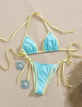 Conjunto de bikini de mujer con escote halter y contraste de colores, sexy, adecuado para vacaciones de primavera, actividades de verano, escenas de p - Shein - FashionsVida
