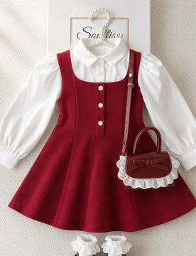 Pieza Vestido de niña otoño nuevo 2025 2 en 1 de tela de punto jacquard con decoración de parche frontal, manga larga, estilo universitario simple - Shein - FashionsVida