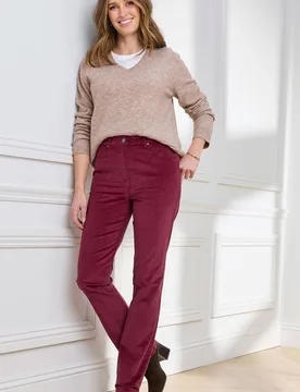 Women's Stretch Cord Straight Leg Jeans in Burgundy Size: 22R - Burgundy - Size: 22R - Cotton Traders - FashionsVida