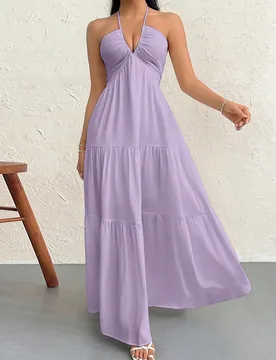 Vestido de mujer de gasa con cuello halter y espalda descubierta con lazo, adecuado para vacaciones, boda, ceremonia M - Shein - FashionsVida