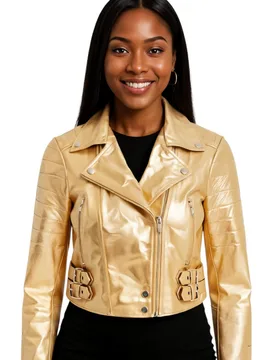 Women's Cropped Brando Leather Biker Jacket-Bellville in Gold Size: 16 - Gold - Size: 16 - Infinity Leather - FashionsVida