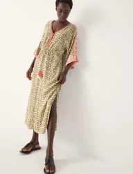 Printed V-Neck Midi Beach Dress Khaki female