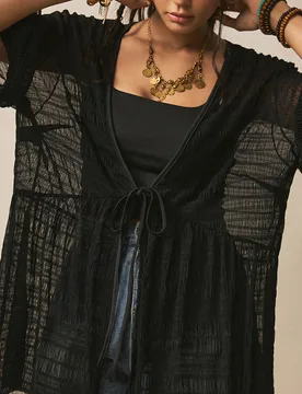 Chaqueta negra transparente de 5 mangas para mujer talla grande, prenda exterior fina de principios de otoño, tela texturizada bordada, dobladillo co - Shein - FashionsVida