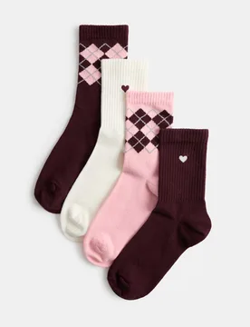 Pack Cotton Rich Argyle Ankle Socks Burgundy Mix Female - M&S - FashionsVida