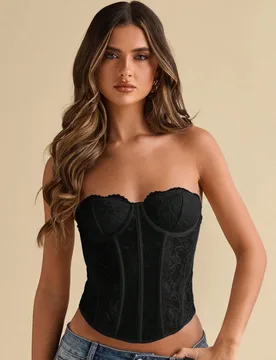 Top con copa de encaje elástico elegante para vacaciones de verano en la playa, disfraz de corsé para conciertos, actuaciones, festivales de música - Shein - FashionsVida