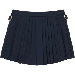 Falda pantalón de lana virgen con pliegues, talle alto y hebillas metálicas