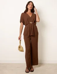 Two Piece Buckle Trouser Set - S/M / CHOCOLATE - female
