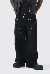 Mens Baggy Fit Rigid Star Studded Jeans - Black Cotton - Size 30r