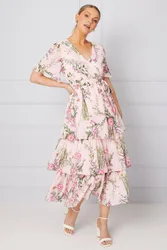 Women's Occasion Floral Print Ruffle Midi Dress in Blush Size: 10 - Blush - Size: 10