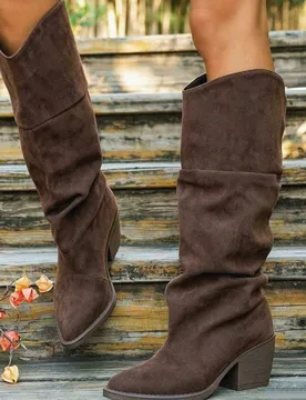 Botas altas de terciopelo fruncido para mujer, nuevas para otoño/invierno, estilo vintage con punta afilada, tacón grueso alto, caña alta, color ma - Shein - FashionsVida