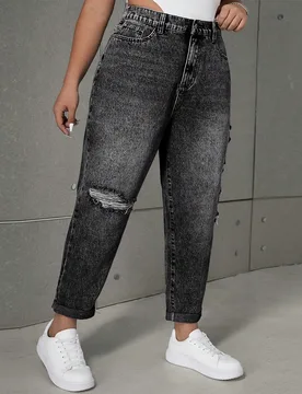 Jeans casuales de talla grande para mujer con bolsillos, efecto desgastado y corte relajado 3XL - Shein - FashionsVida