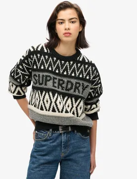 Superdry Damen Pullover mit Rundhalsausschnitt und Logomuster Schwarz - Größe: 36 - 89.99 - FashionsVida
