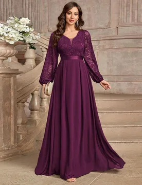 Elegante vestido largo de noche con encaje floral, escote en V profundo, mangas farol y bajo con volantes, para fiesta, boda, primavera y otoño L - Shein - FashionsVida