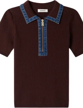 Jersey polo de punto acanalado con cremallera de mujer cuello vaquero entallado - sandro - FashionsVida