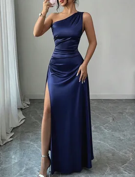 Vestido de noche largo y sexy para mujer con un hombro, cintura fruncida y abertura alta, de satén de lujo, nuevo para el verano de 2026 L - Shein - FashionsVida